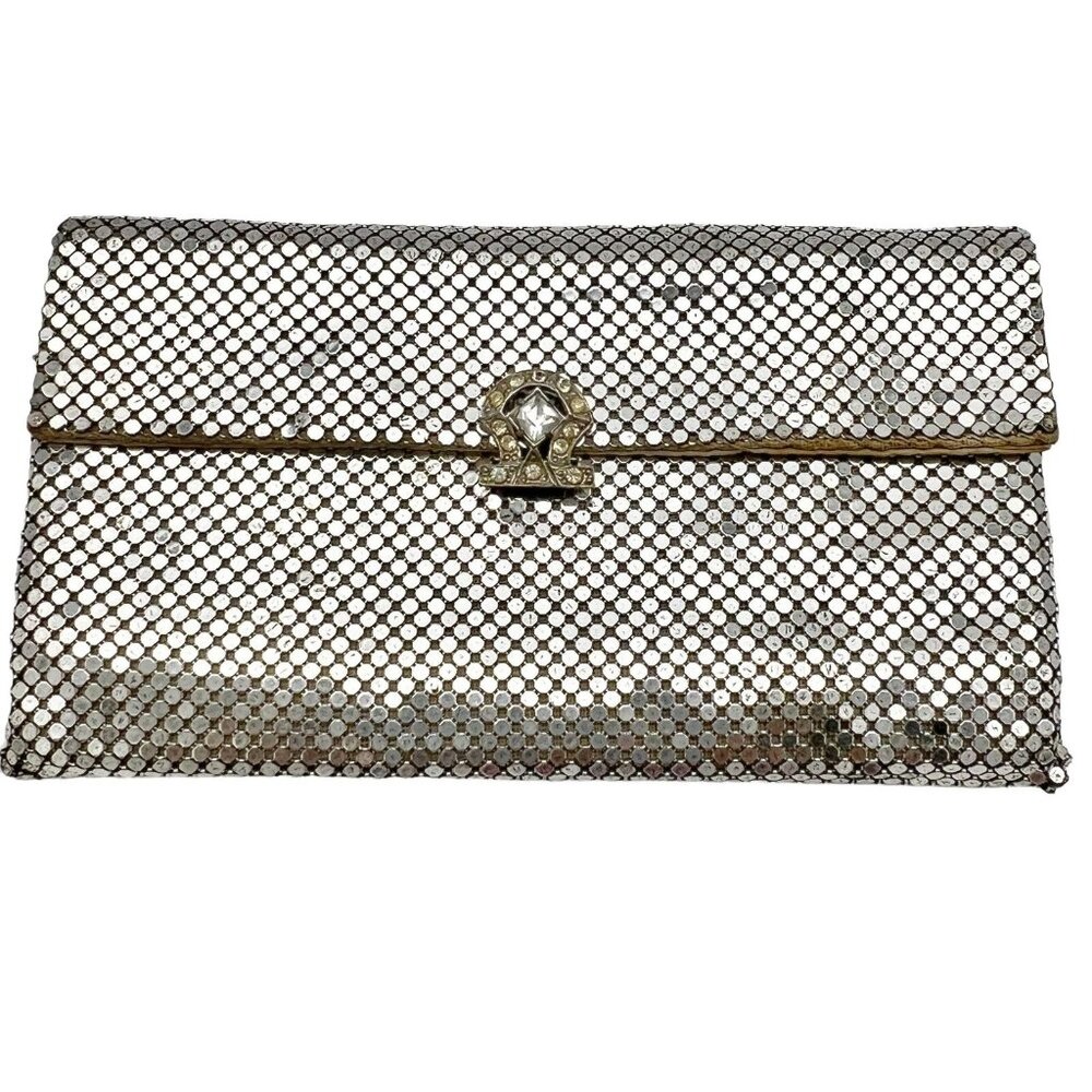 Vintage Purse Silver Mesh 6.5 x 3.5 Clutch Crystal Clasp Whiting & Davis Co